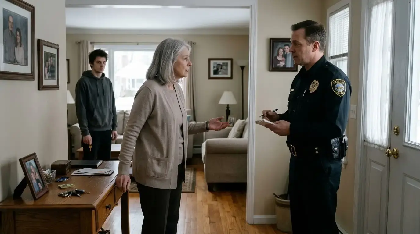 A distressed widow listens to a uniformed police officer while the young man occupying her home stands near the living room couch.