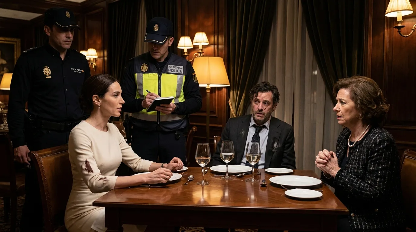Two police officers recording statements from Clara and Javier at the restaurant table
