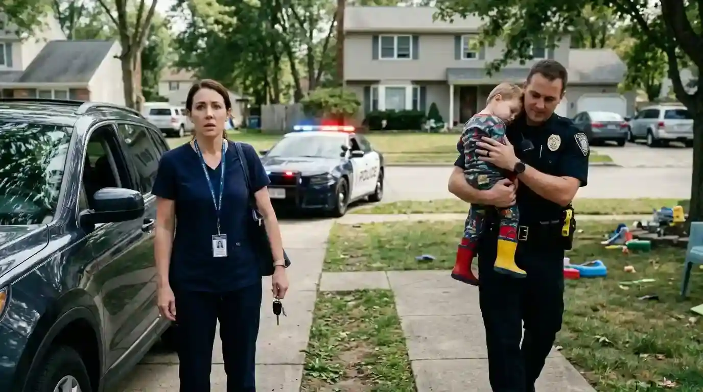 Police officer cradling a sleeping toddler in mismatched rain boots in the driveway as mom arrives