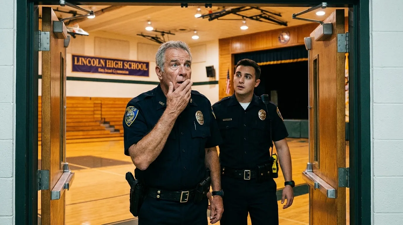 Two police officers standing at the back of a school gym looking toward the stage