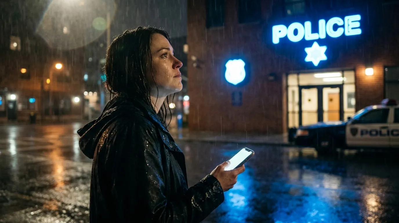 A determined woman standing on a rainy street at night, holding a smartphone, looking at a police station sign.