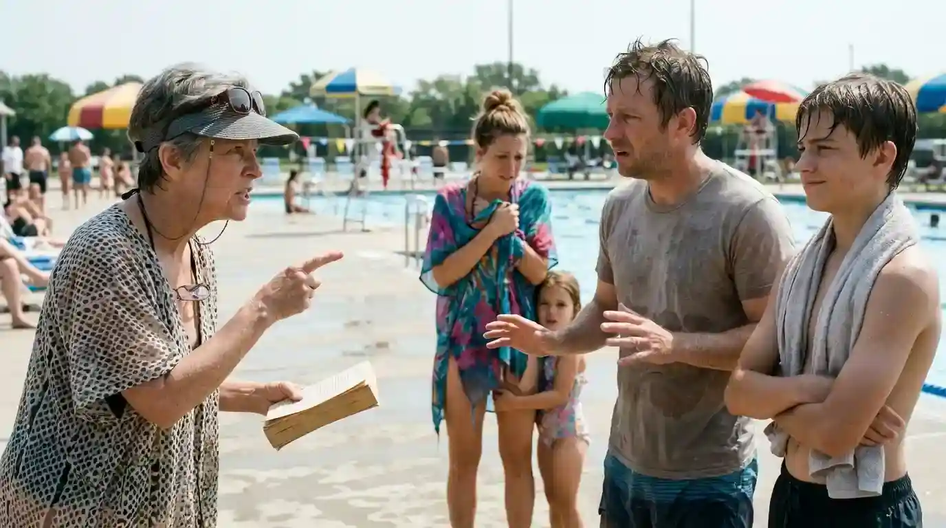 An older woman defending a mother at a public pool