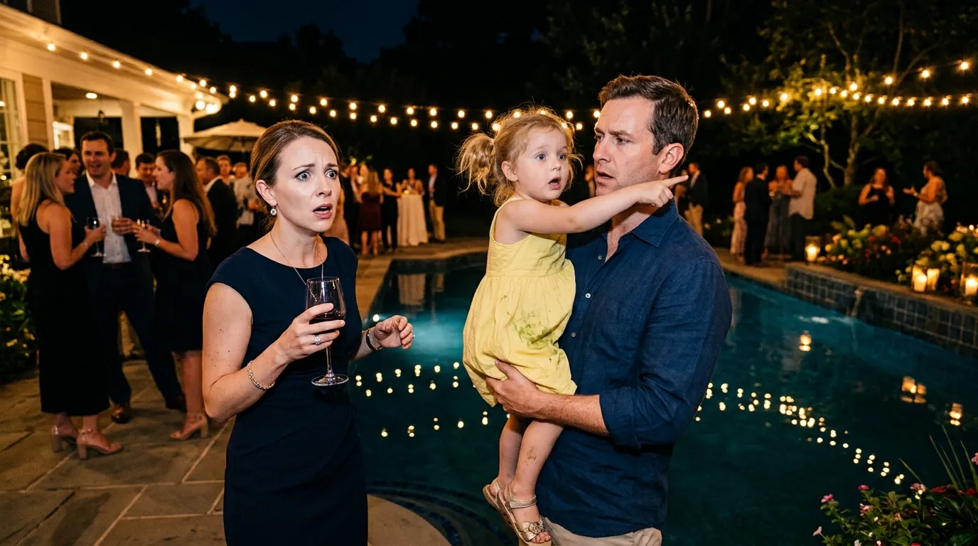 A little girl in a yellow dress pointing at a man at a glowing pool party