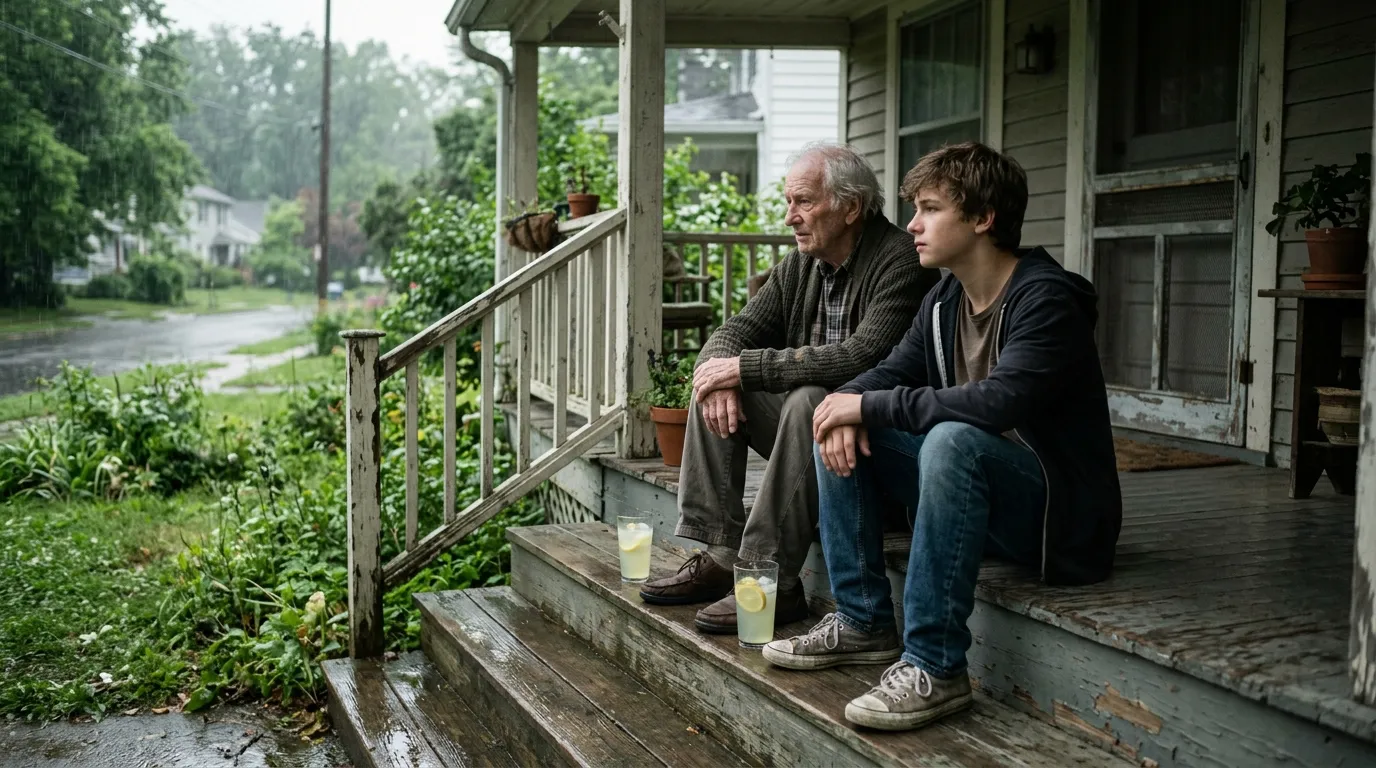 A boy and an old man sitting on a porch watching the rain