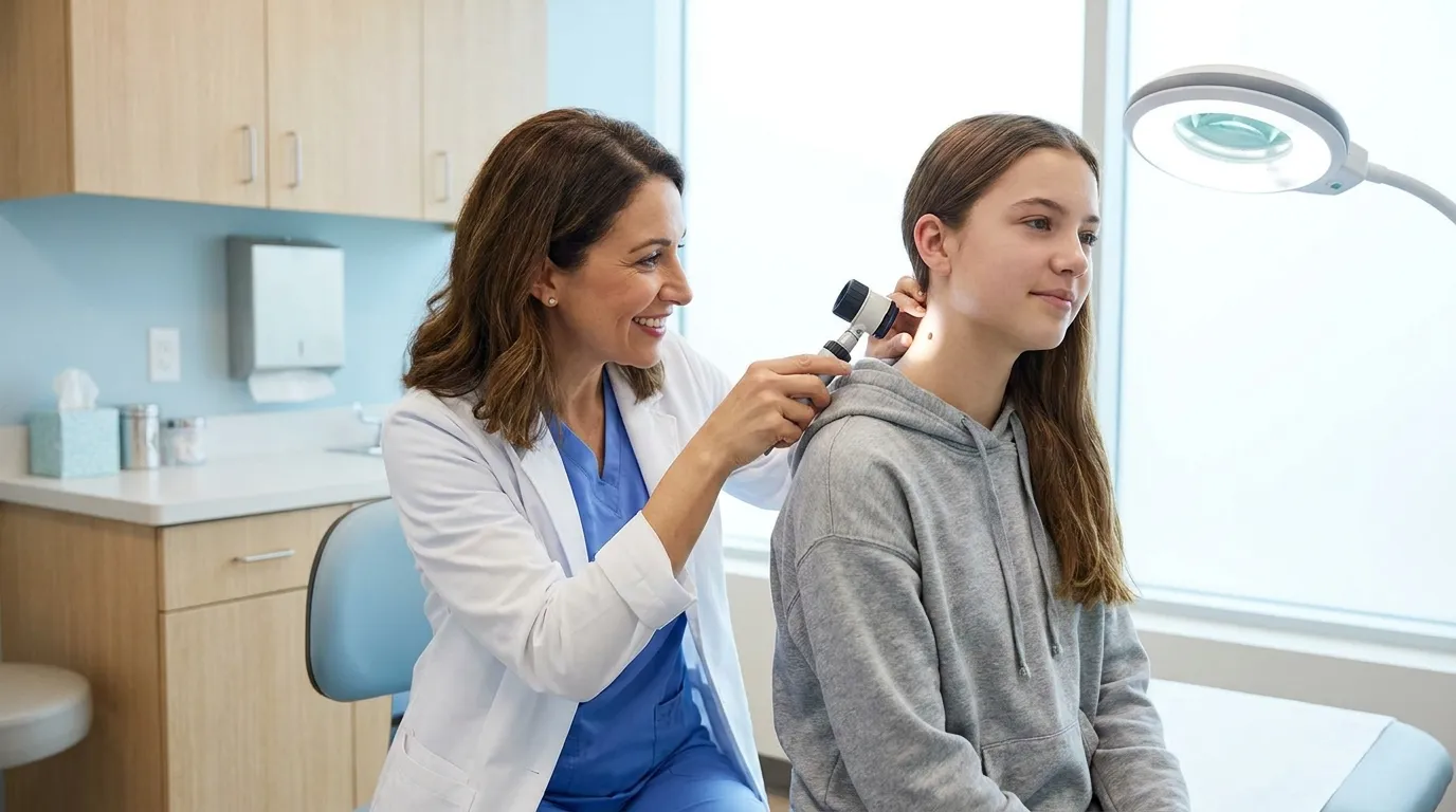 A teenage girl getting her neck skin growth examined by a supportive dermatologist in a bright clinic