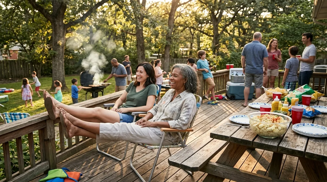 Two women smiling together on a deck with a bowl of potato salad