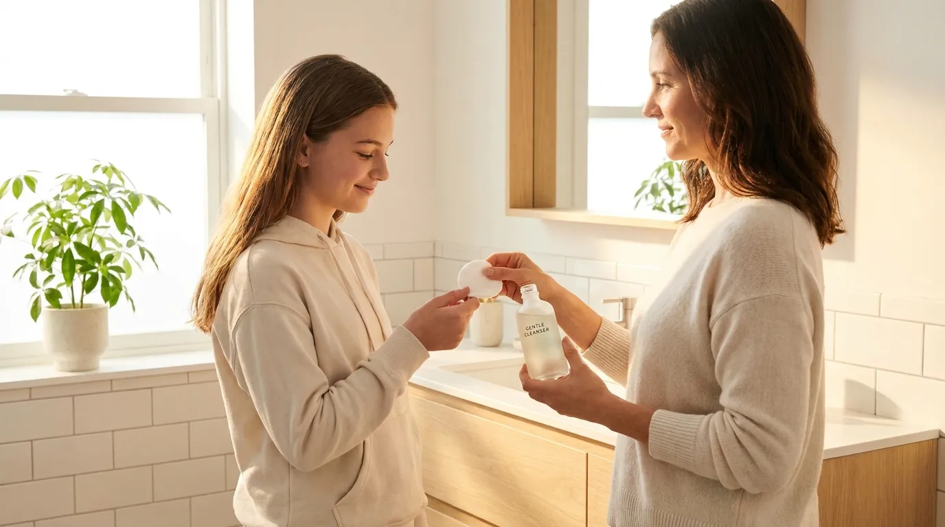 A teenager and her mother engaging in a gentle skincare routine before a music recital