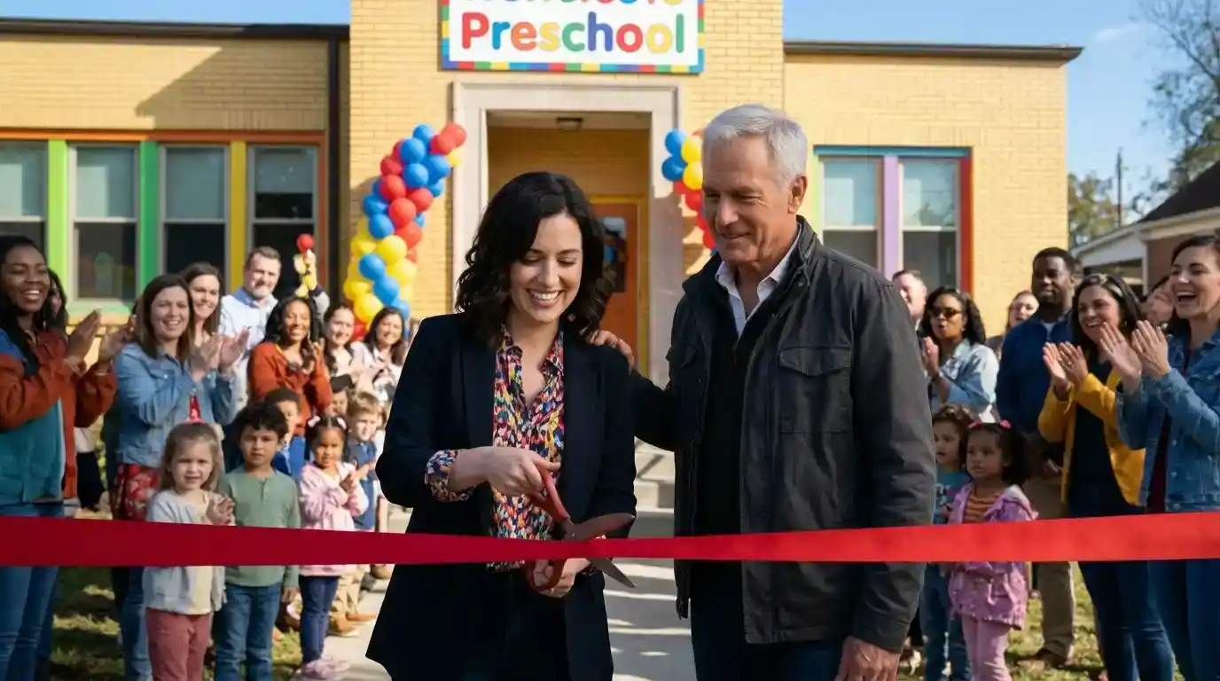 A smiling young woman and her elderly father cutting a red ribbon outside a renovated preschool