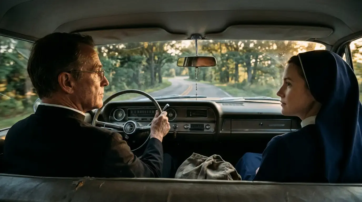 Priest and nun driving along a peaceful country road in the evening light