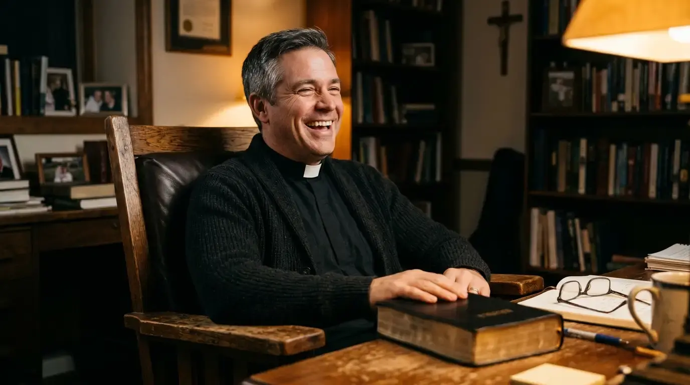Priest laughing with gentle relief and amusement in his quiet study
