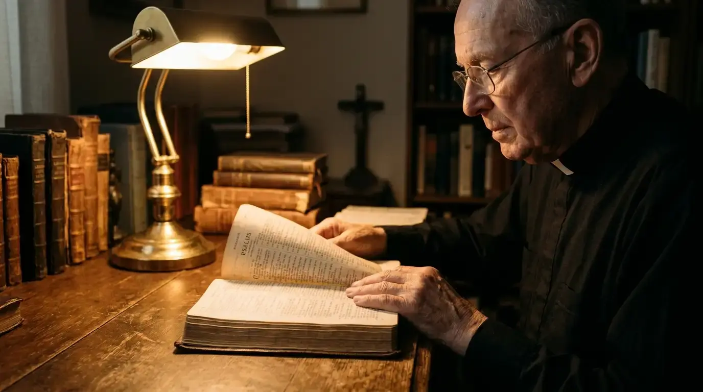 Priest in a dimly lit study opening an antique Bible to look up Psalm 129