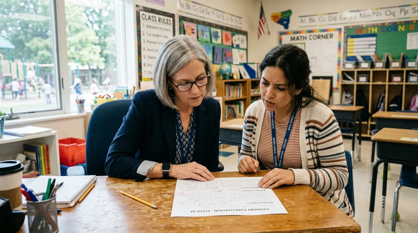 Principal and teacher looking closely at a newspaper clipping