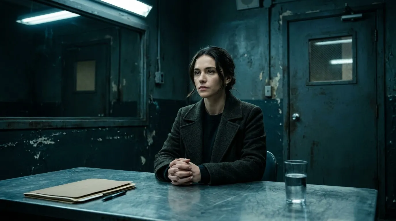 Tense confrontation in a prison visitation booth through glass