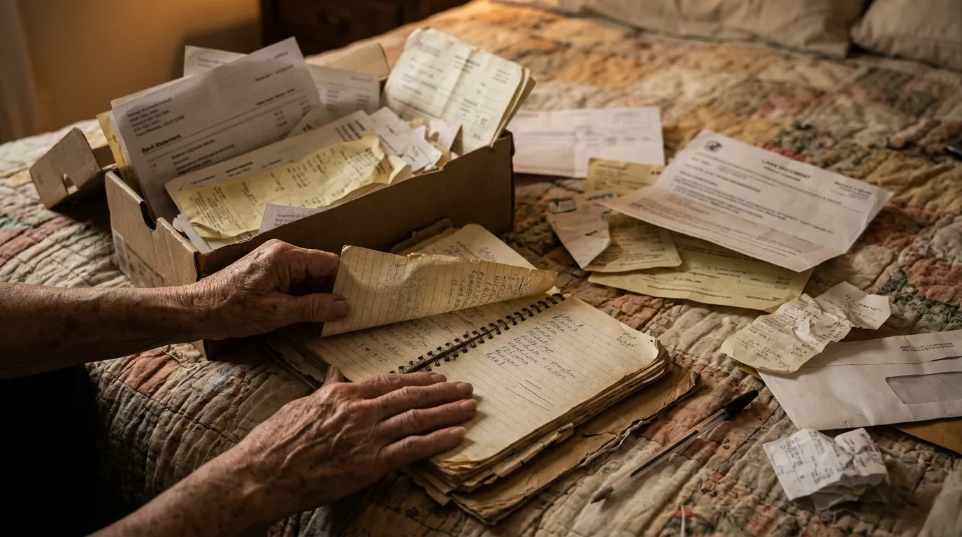 Worn hands opening a battered notebook next to a shoebox of financial documents
