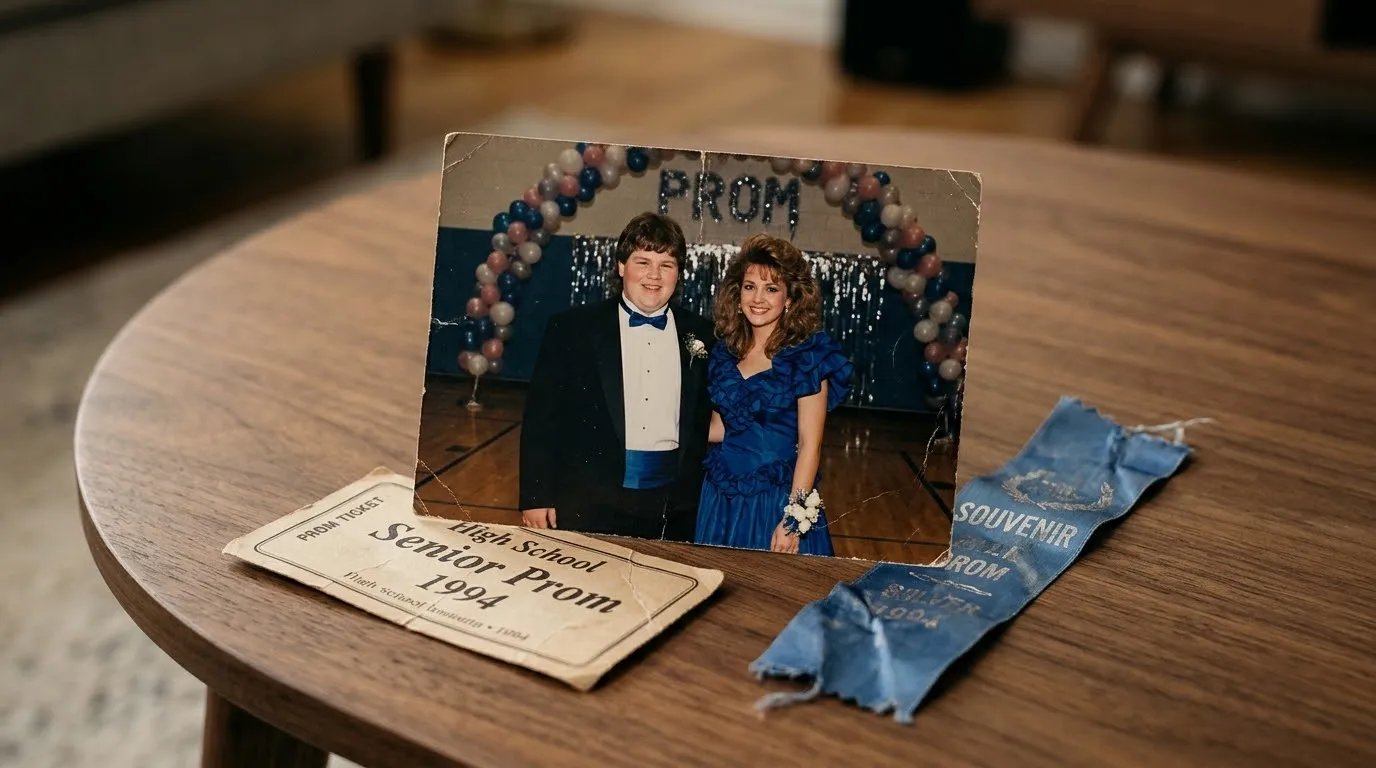 Old prom photo, blue ribbon, and ticket on a sleek coffee table