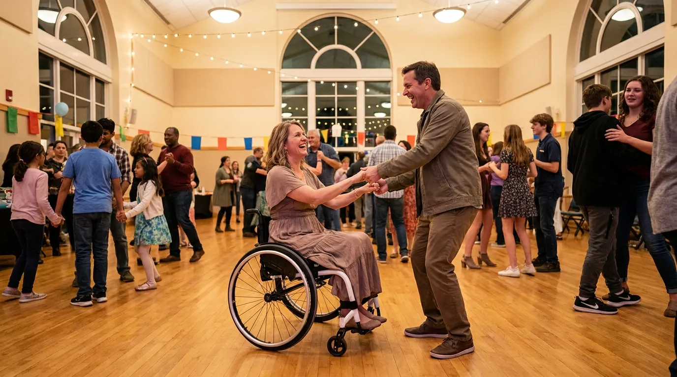 Teenage boy in tuxedo dancing with a girl in a wheelchair at prom