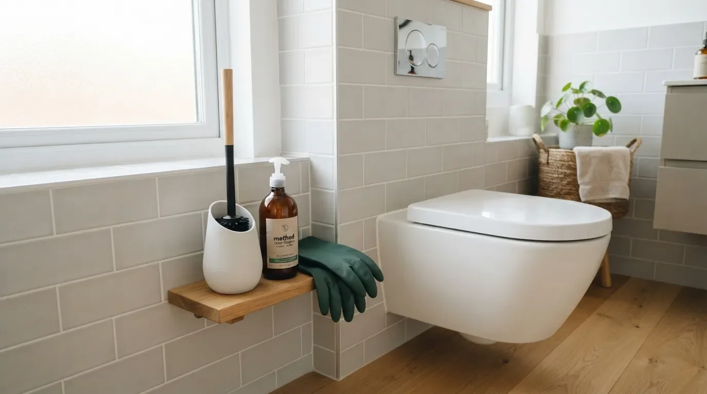 Toilet brush and appropriate cleaning supplies next to a clean toilet