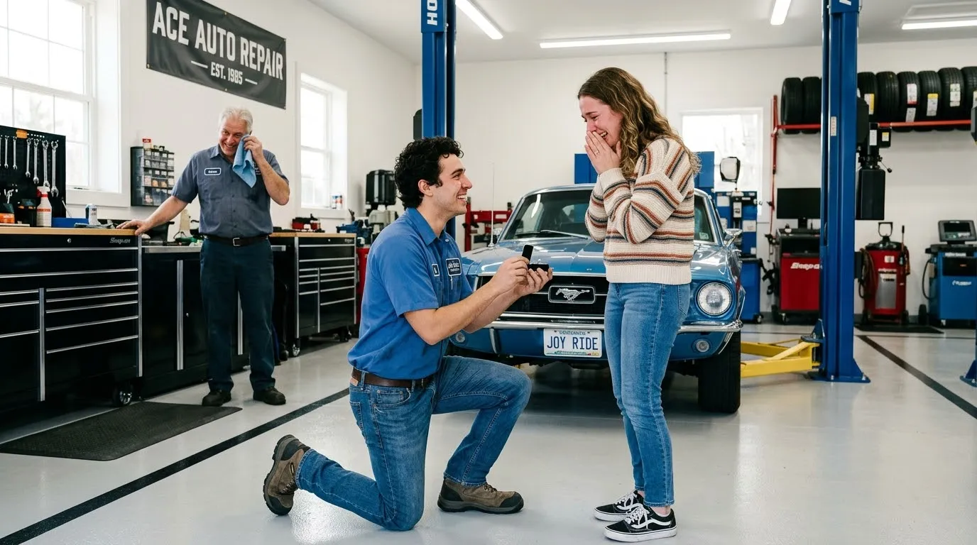 Young mechanic on one knee proposing to a nurse in a clean auto shop while an older man watches emotionally