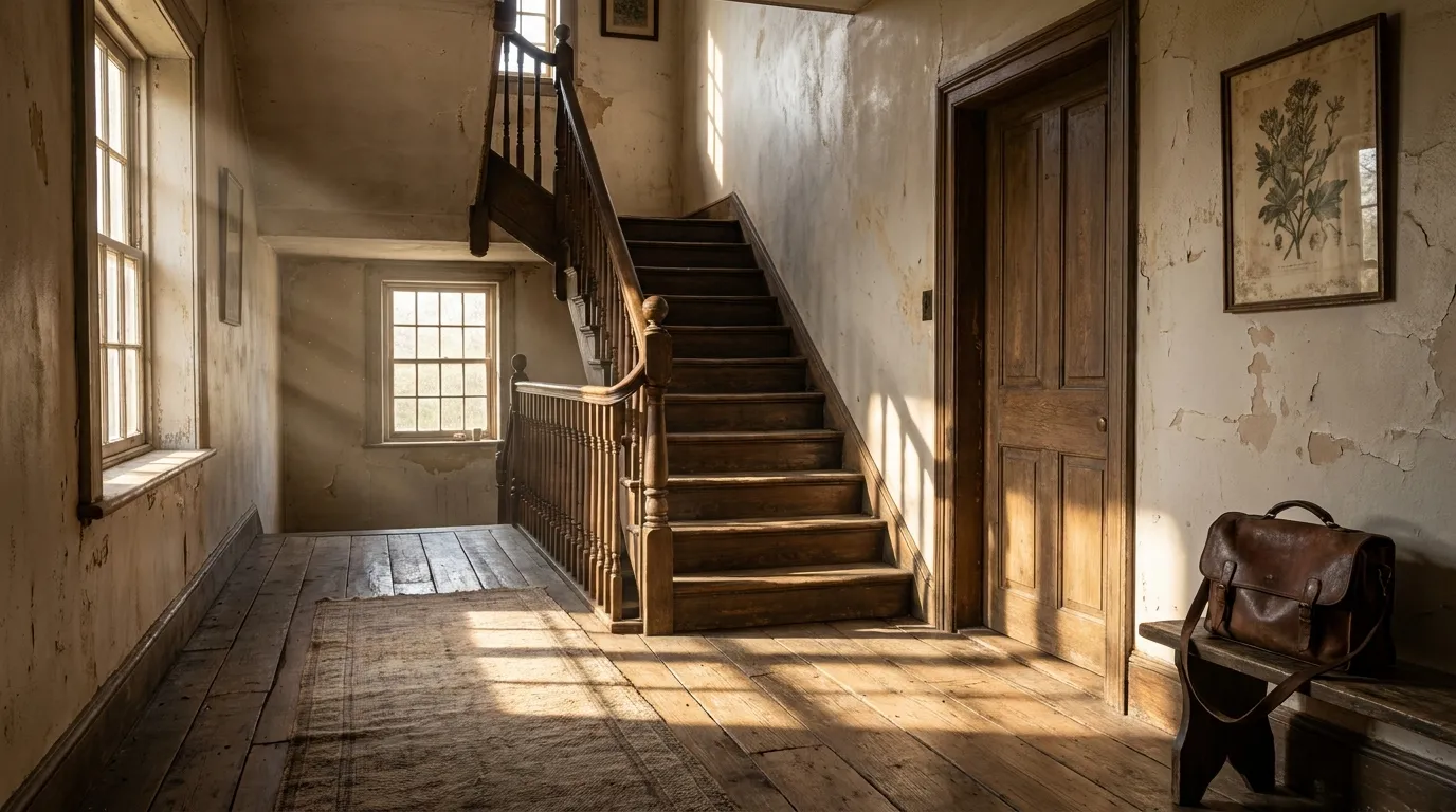A quiet, sunlit rustic farmhouse hallway with an old oak staircase