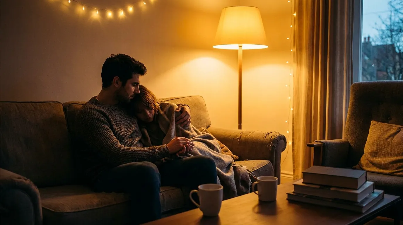 A husband holding his grieving wife's hand on a dimly lit couch
