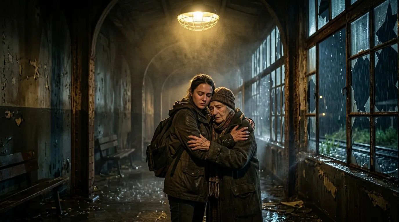 A young woman hugging an older woman under a single yellow light at a rainy, dark railway station