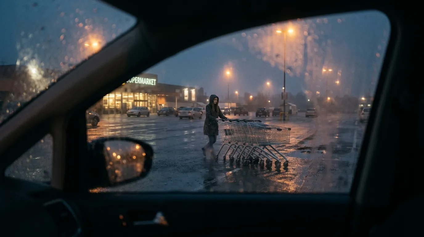 A melancholic shot of a rain-soaked grocery store parking lot at dusk, with a solitary young woman pushing shopping carts, viewed through a wet car window.