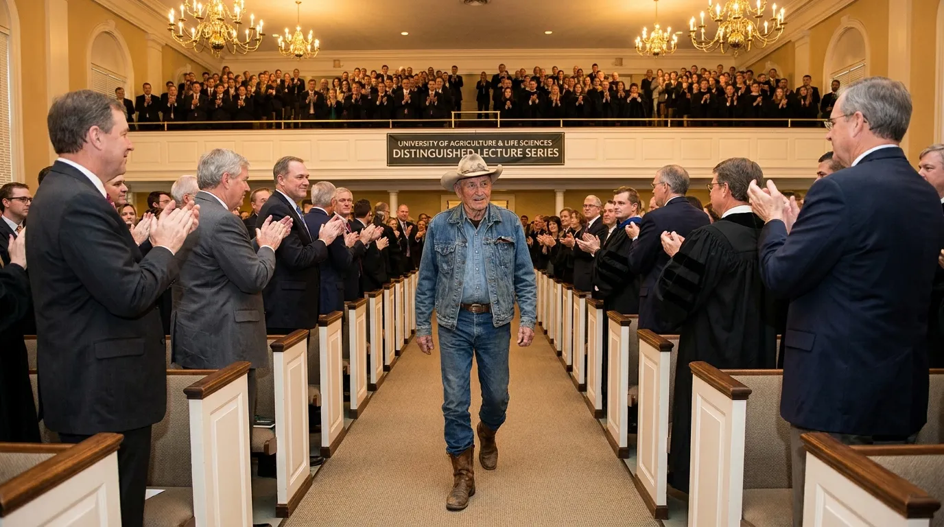 Elderly man in boots walking down the aisle while the audience applauds