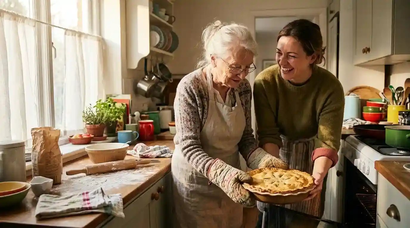 Rebecca and Mama Opal smiling together in a sunny kitchen making a homemade meal