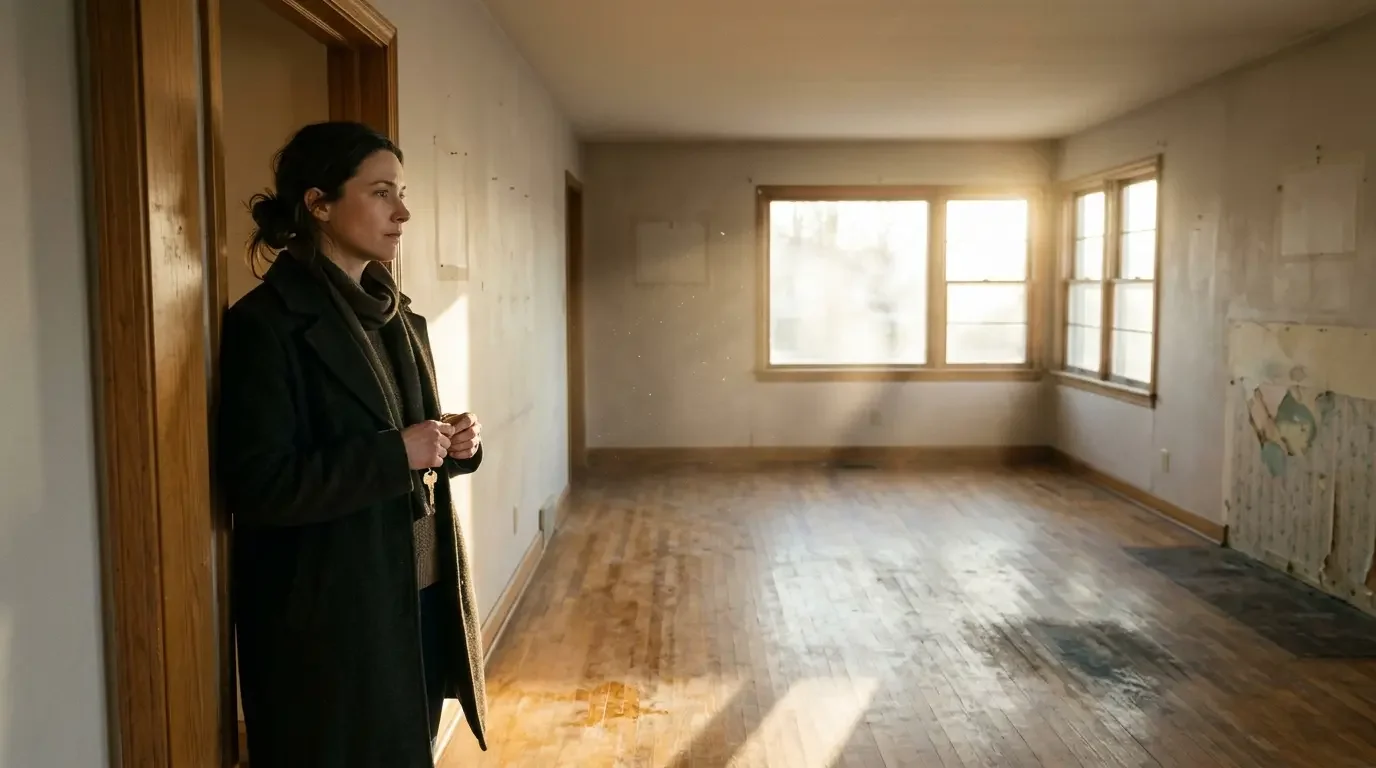 Rebecca standing in the doorway of her recovered, unfurnished house in soft sunlight