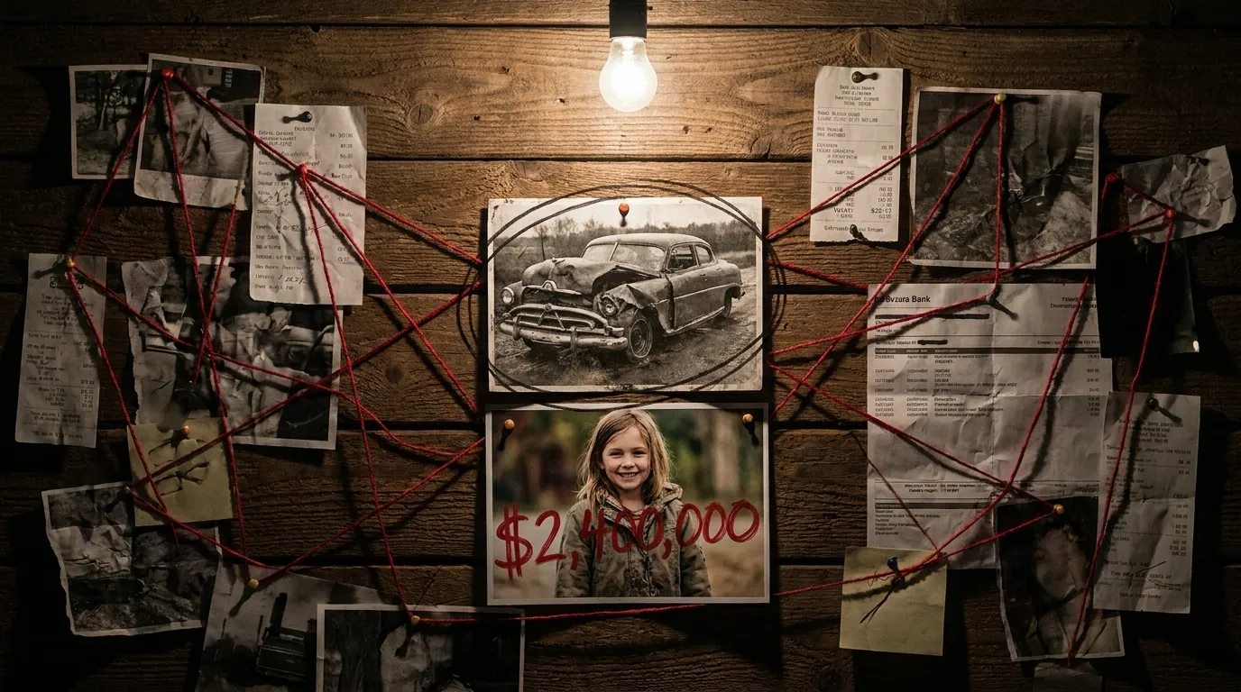 A wooden cabin wall transformed into an investigation board with photos and red string.