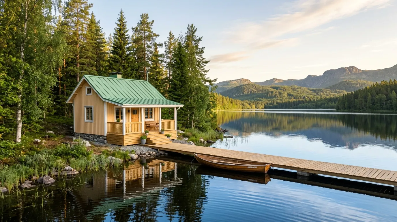 A beautifully renovated small wooden lake cabin with a bright green roof and a new wooden dock
