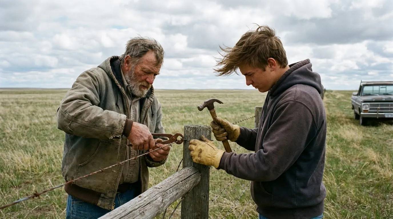 Grandfather and grandson fixing an old wooden fence in a windy Wyoming field