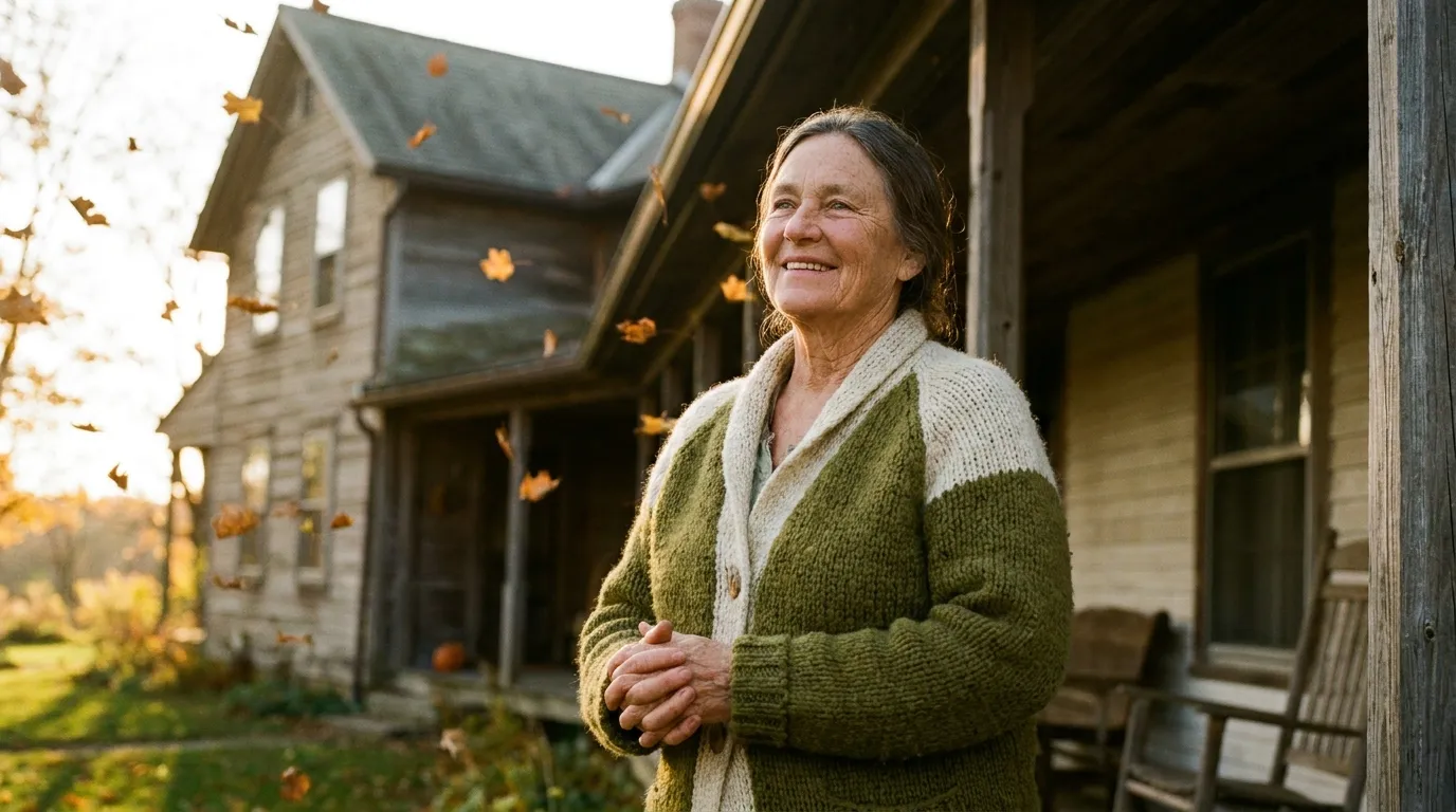 A strong 70-year-old woman standing proudly on the porch of a historic farmhouse in autumn