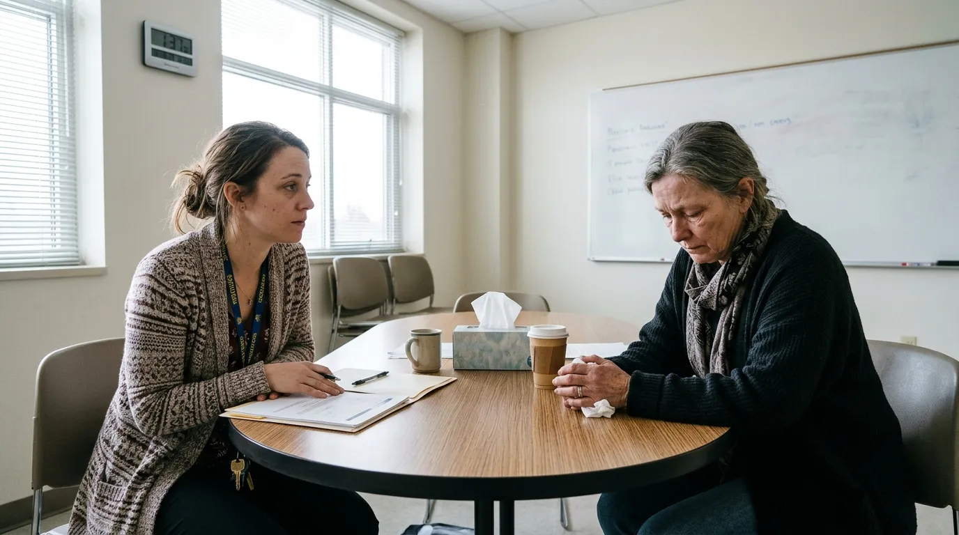 Two women sitting across from each other in a sterile conference room