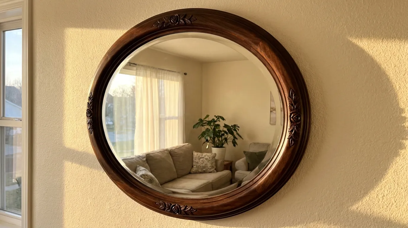 A beautifully restored antique wood mirror hanging perfectly on a cream-colored wall