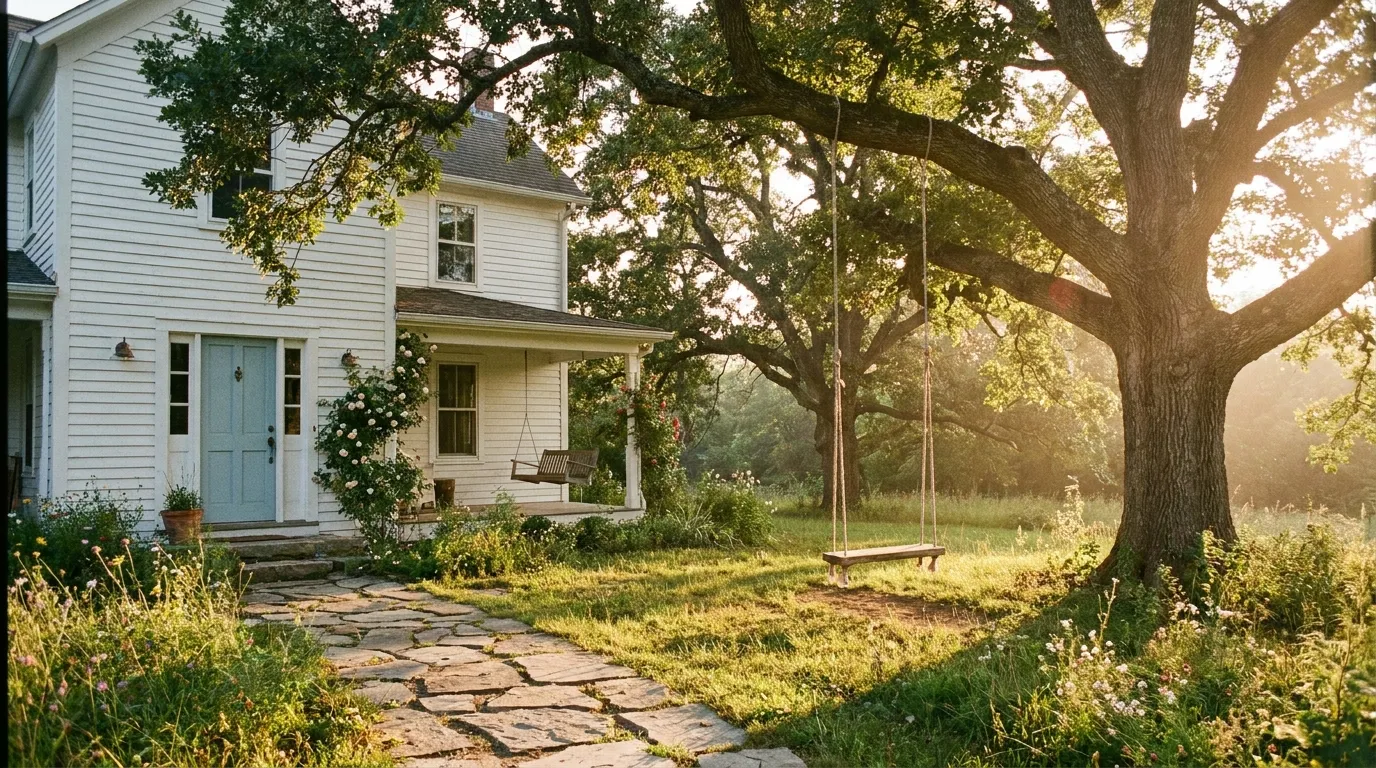 A restored white house with a pale blue door and a wooden swing hanging from an oak tree