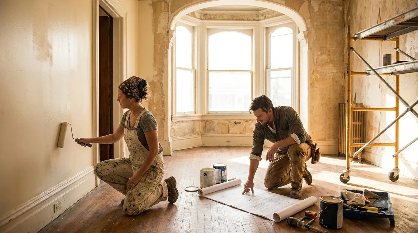 Donna and Jake working together on stripping wallpaper and painting the interior of an old inn