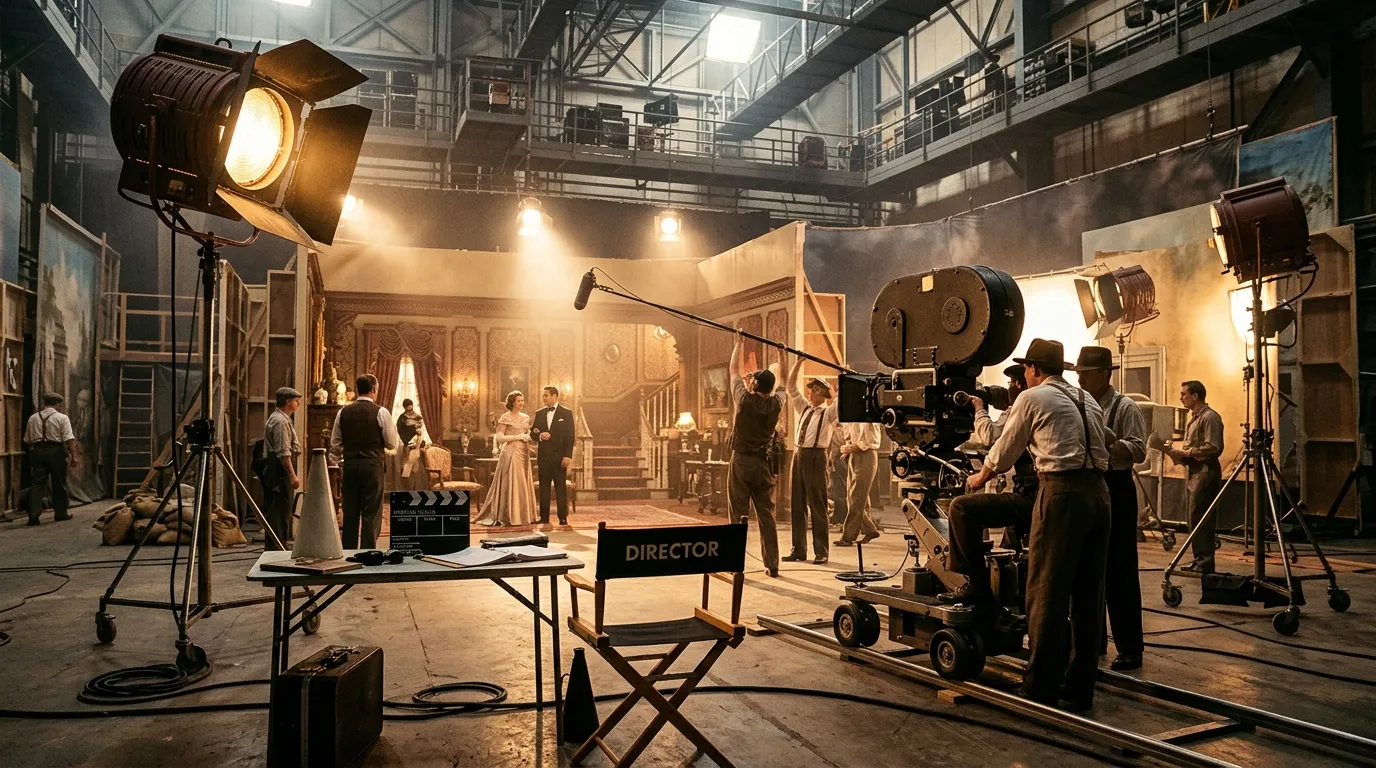 Vintage Hollywood movie set with classic cameras