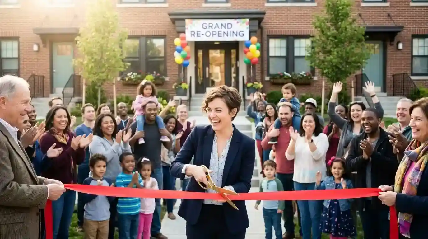 A woman with short hair smiling while cutting a red ribbon at a newly renovated apartment building