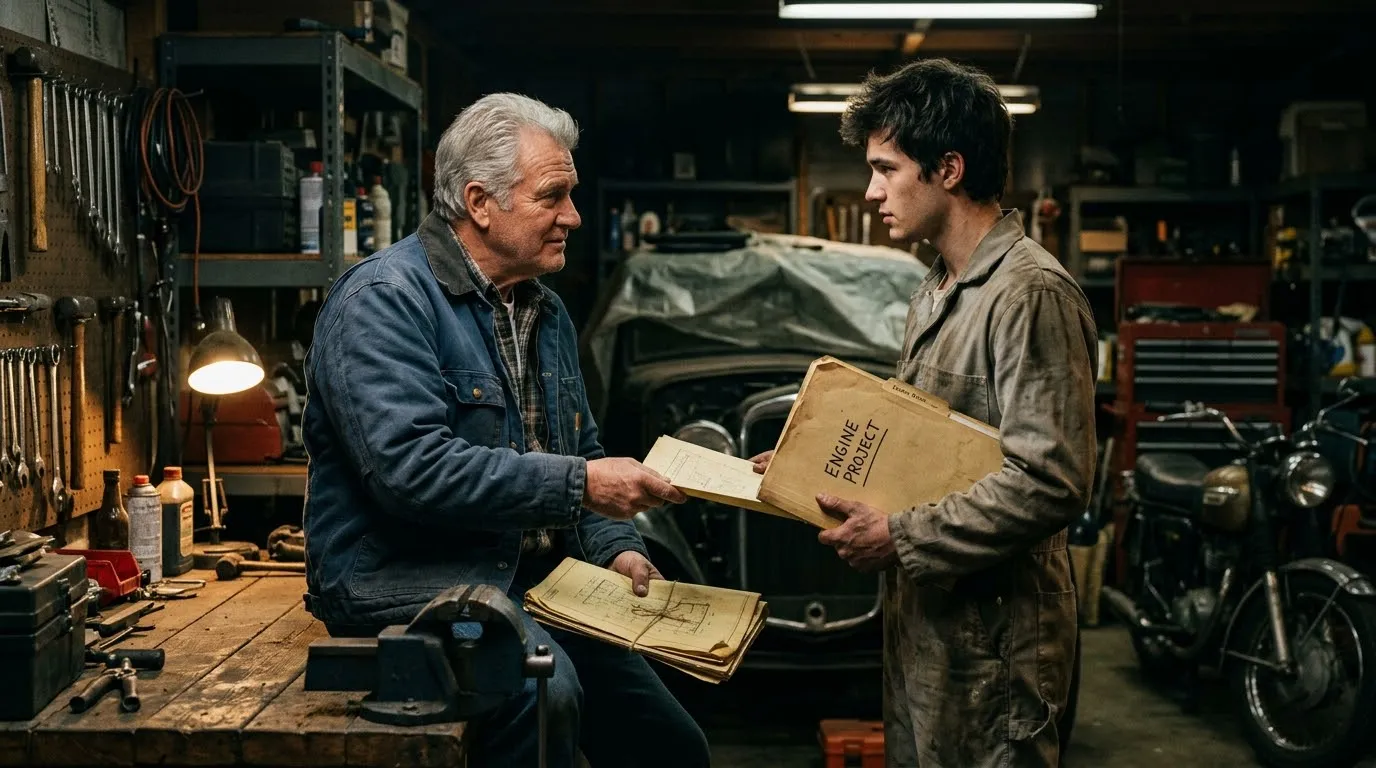 Older man showing blueprints and a thick folder to a young mechanic in a dimly lit garage