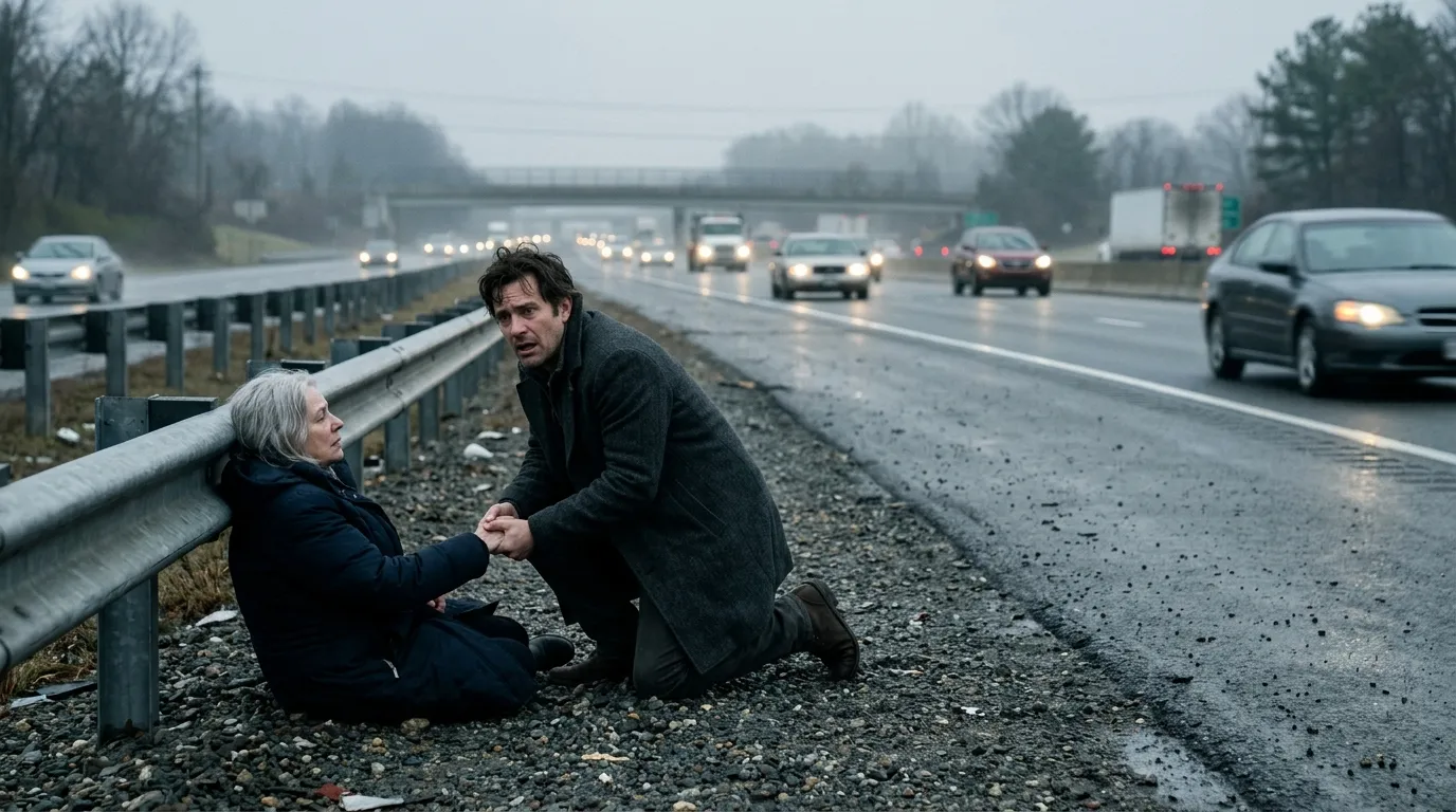 Man in charcoal coat kneeling beside an older woman on the shoulder of a busy highway