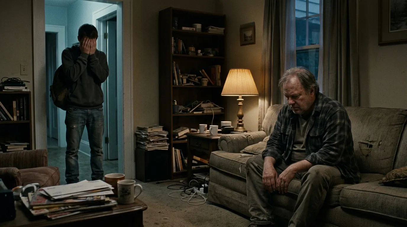 A heavy-set older man sitting on a couch while his teenage son stands stressed in the doorway