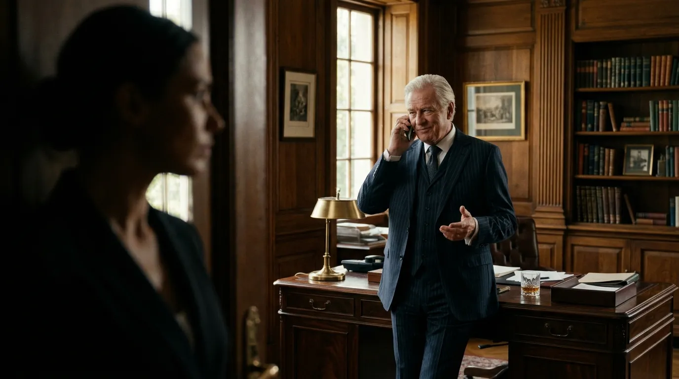 A wealthy older man talking on his cell phone in a fancy office