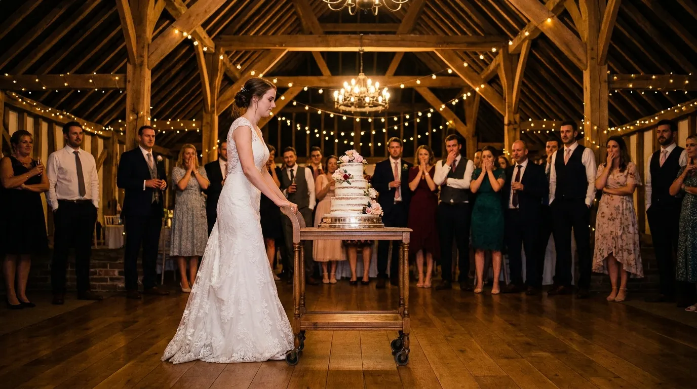 A young woman rolling a beautiful four-tier wedding cake on a wooden cart across a dance floor.