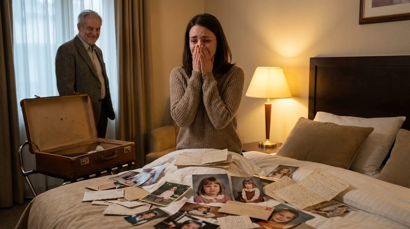 Hotel bed covered in hundreds of old childhood photographs