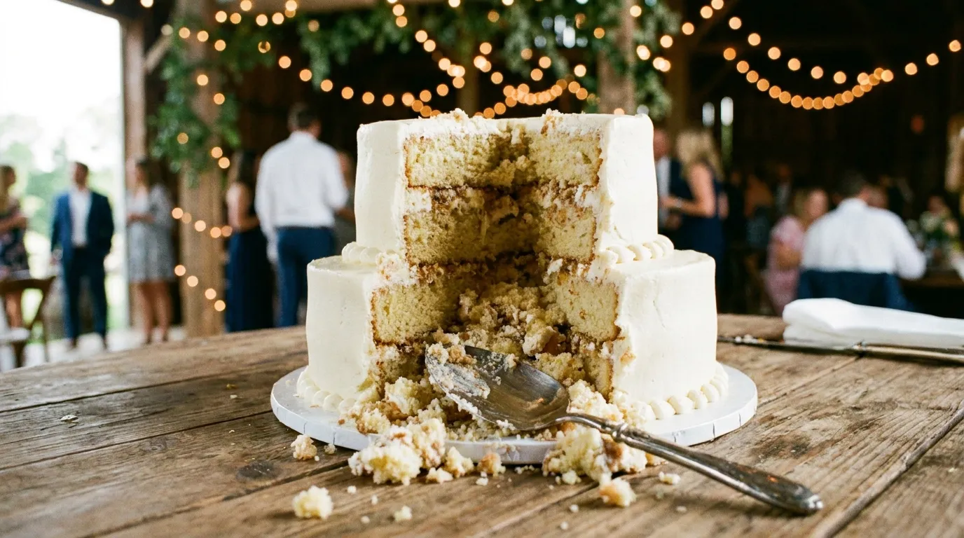 A gorgeous ivory wedding cake at a reception with a massive crater scooped out of the center.