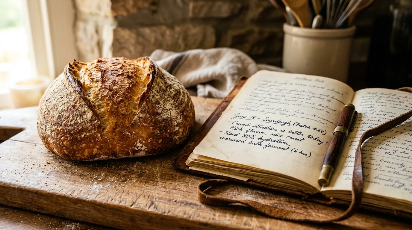 Freshly baked artisan bread next to a vintage notebook with newly written notes in the margins