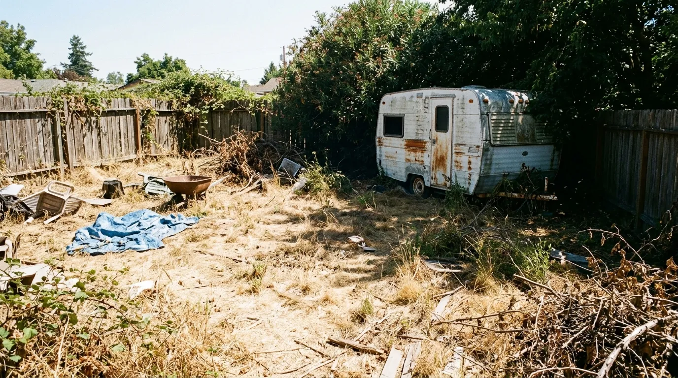 An old rusty camper parked in a dead, overgrown backyard