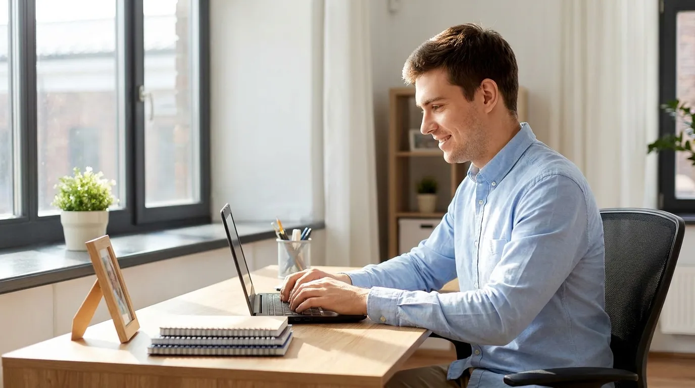 Ryan sitting at a clean office desk, smiling as he works on a computer