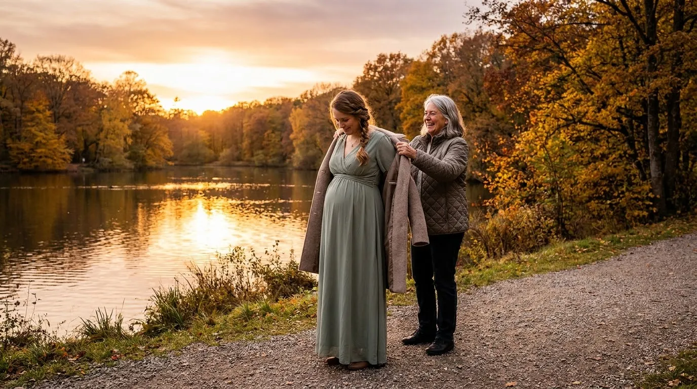 A beautiful maternity photo session by a lake in autumn, featuring a pregnant woman in a green dress and her supportive mother-in-law.